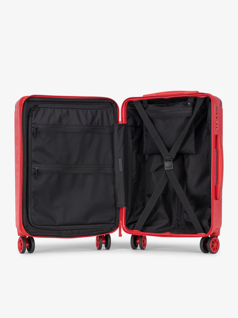 Metallic red CALPAK Ambeur hard shell lightweight copper luggage with compression straps and multiple pockets