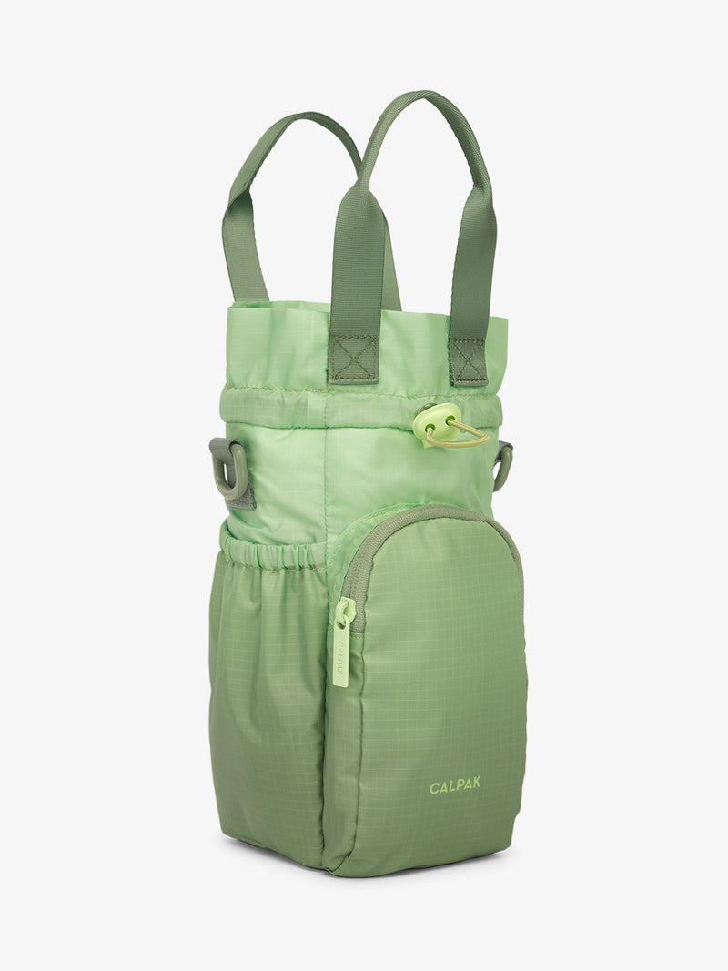 Opened top of CALPAK Water Bottle Holder in green ombre Matcha