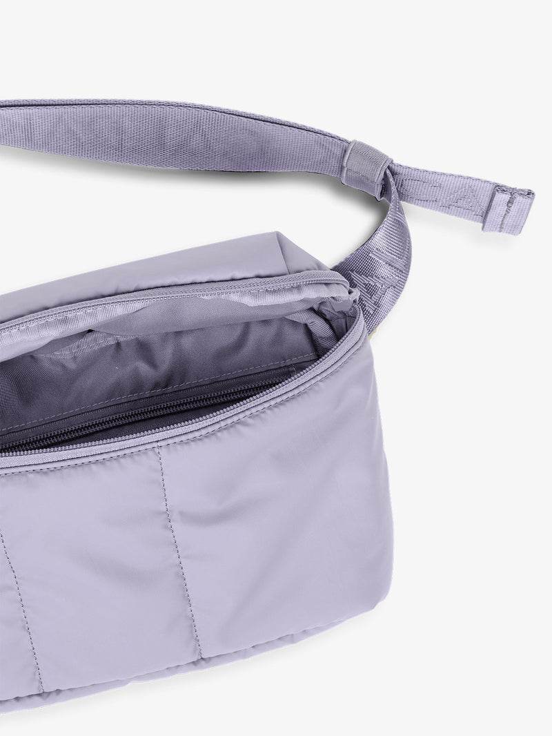 CALPAK Luka Belt Bag close up of interior in color purple lavender Orchid