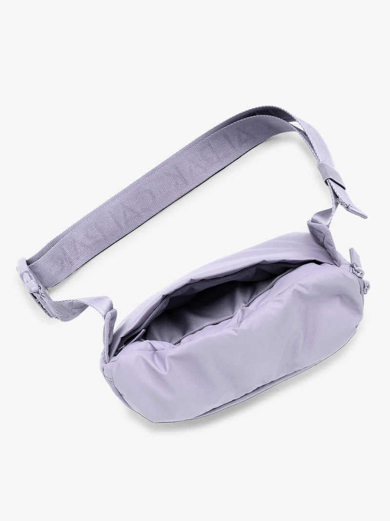 CALPAK Luka Belt Bag interior zipper view from top in color purple lavender Orchid