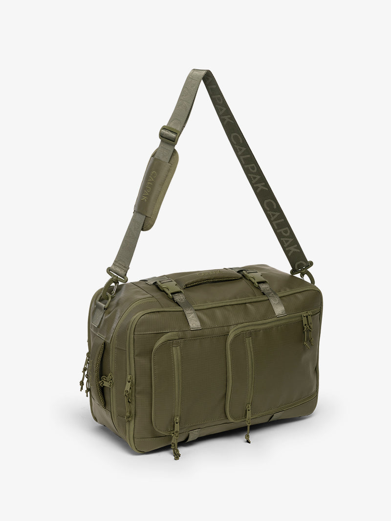 CALPAK Terra 26L Laptop Backpack Duffel in dark green Matte Pine duffel view