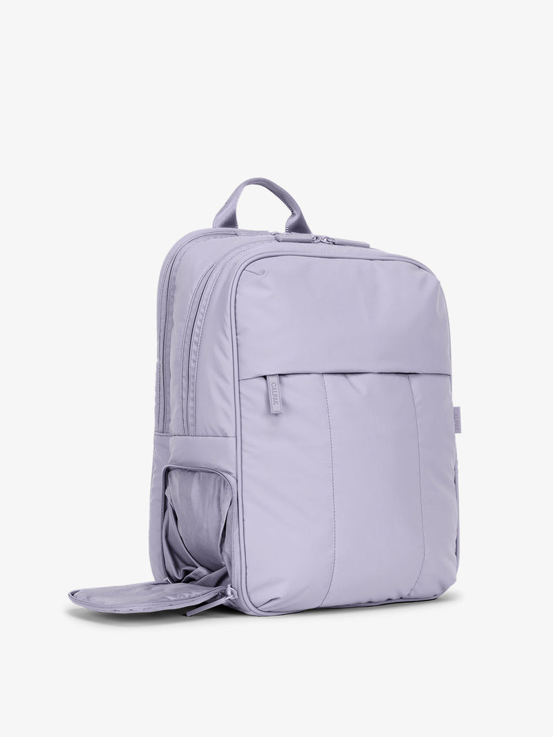 CALPAK Luka 15 inch Laptop Backpack side view with bottom compartment in lavender purple in Orchid