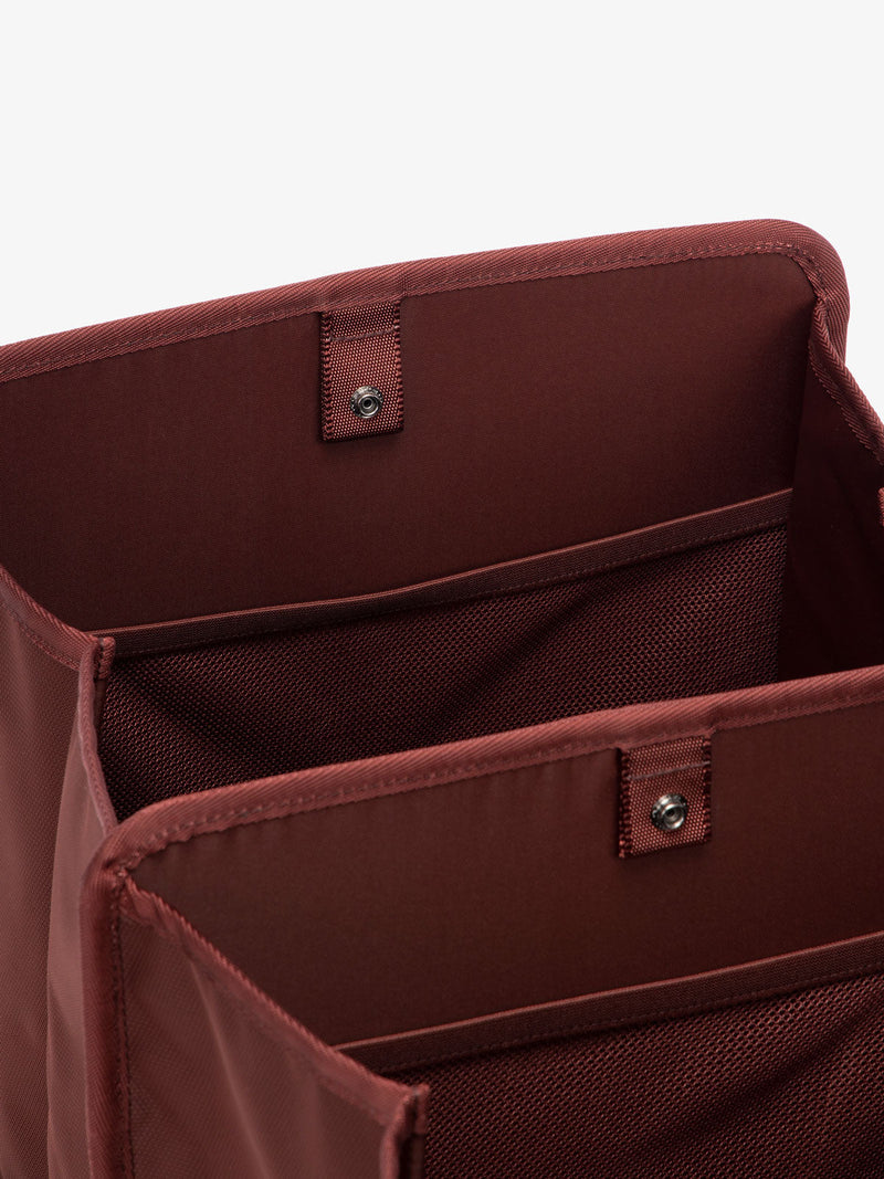 interior of CALPAK trunk organizer for car in maroon