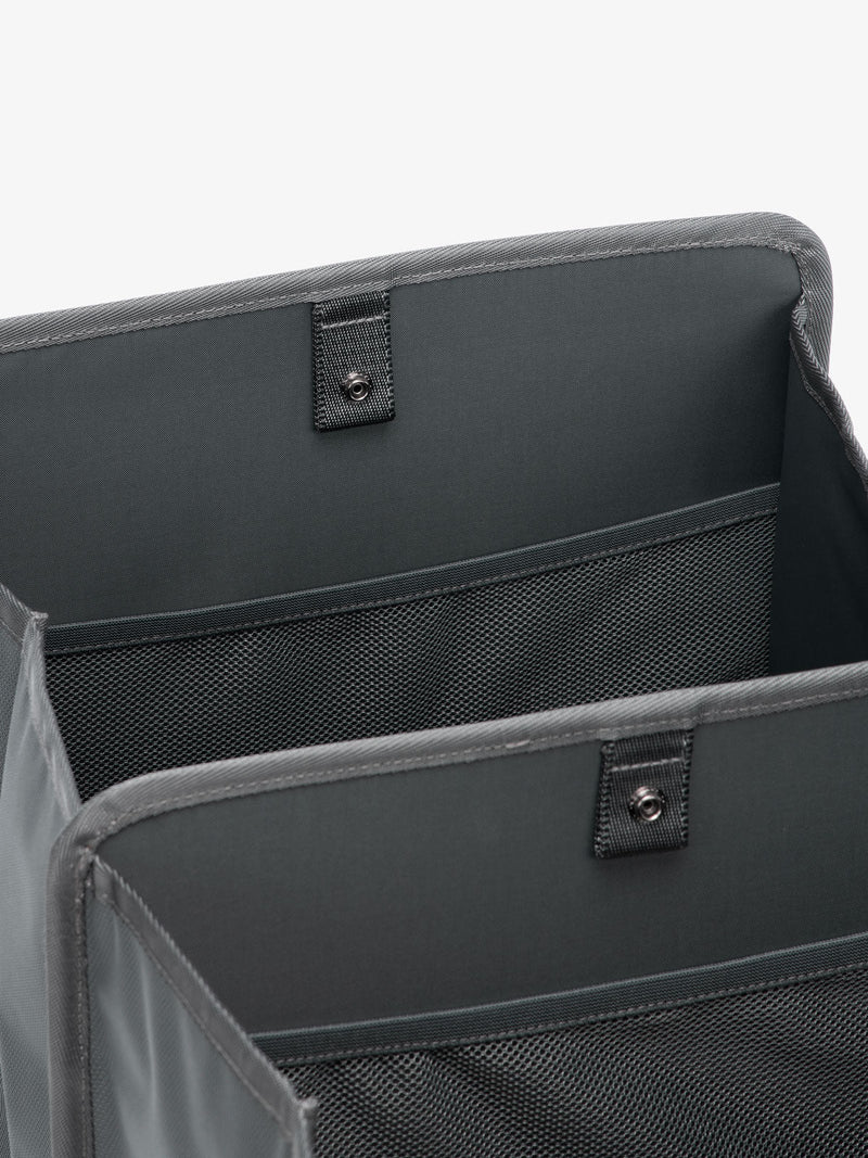 interior of slate grey CALPAK car trunk organizer