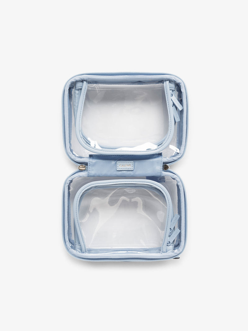 CALPAK small clear makeup bag with zippered compartments in sky