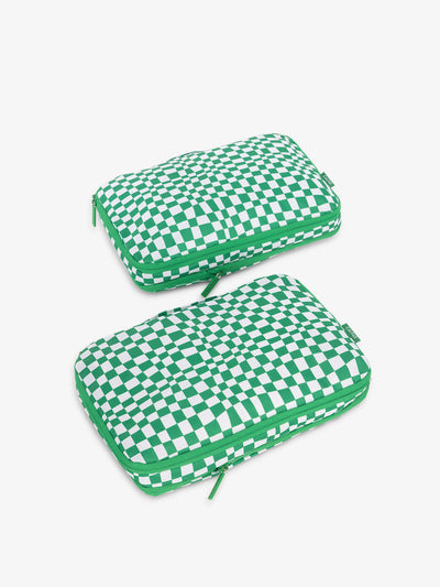 CALPAK compression packing cubes in green checkerboard; PCC2201-GREEN-CHECKERBOARD view 1