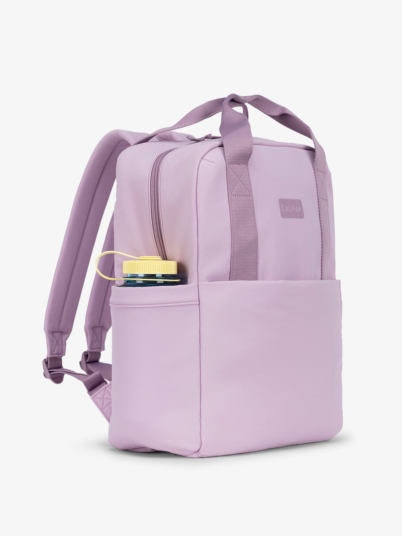 CALPAK Connect Laptop Backpack with large side water bottle pocket in purple berry