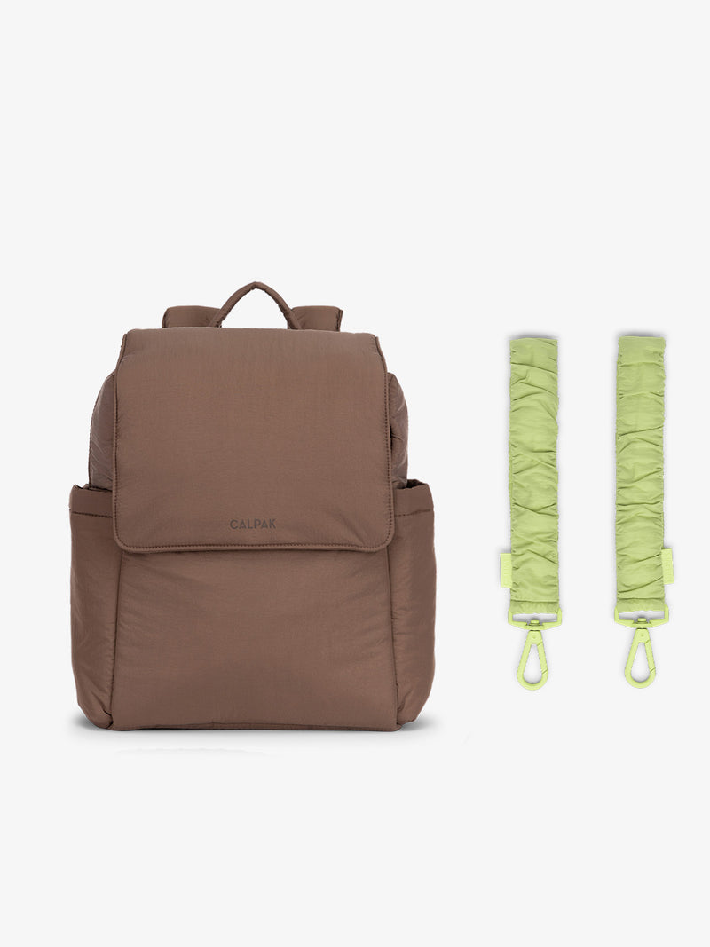 CALPAK Convertible Mini Diaper Backpack in brown Hazelnut with light green Lime Stroller Straps