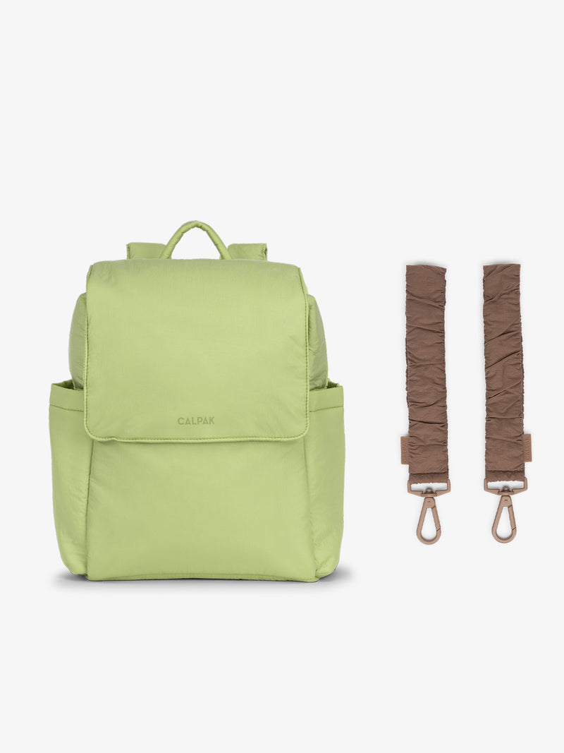 CALPAK Convertible Mini Diaper Backpack in light green Lime with brown Hazelnut Stroller Straps