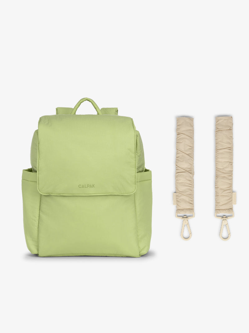 CALPAK Convertible Mini Diaper Backpack in light green Lime with white Oatmeal Stroller Straps