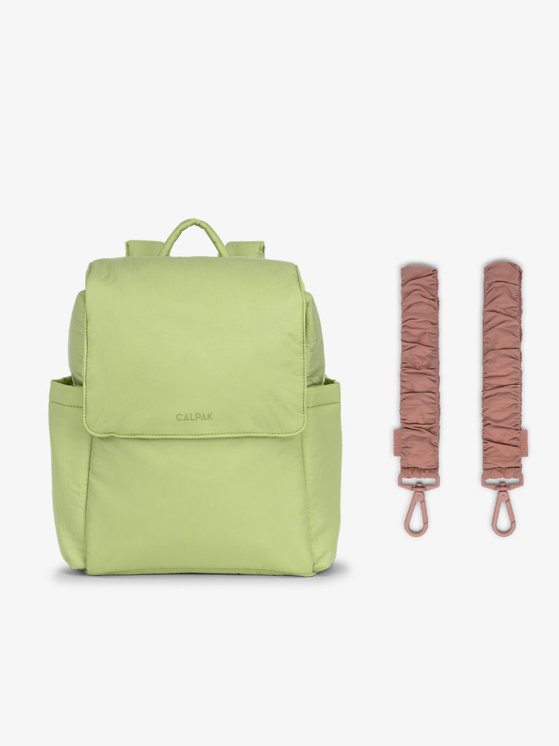 CALPAK Convertible Mini Diaper Backpack in light green Lime with pink Peony Stroller Straps