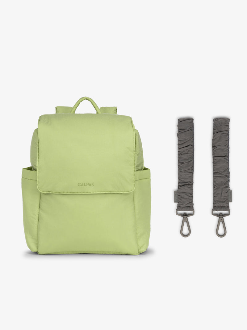 CALPAK Convertible Mini Diaper Backpack in light green Lime with grey Slate Stroller Straps