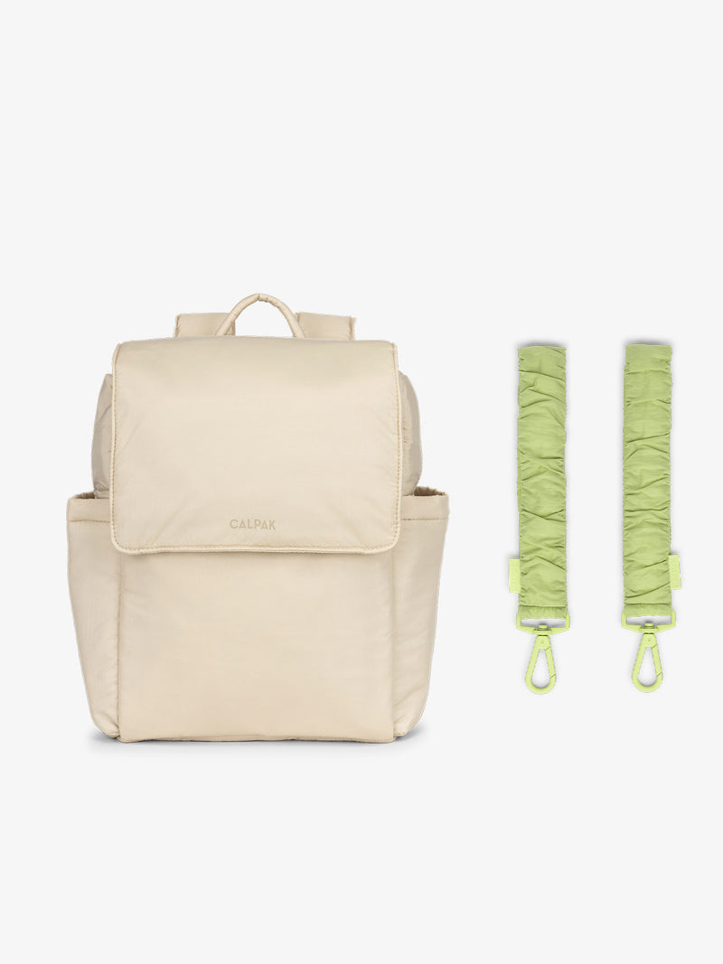 CALPAK Convertible Mini Diaper Backpack in white Oatmeal with light green Lime Stroller Straps