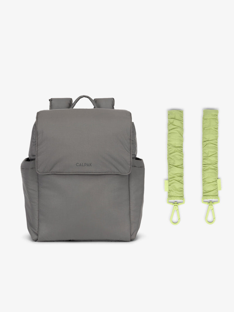 CALPAK Convertible Mini Diaper Backpack in grey Slate with light green Lime Stroller Straps