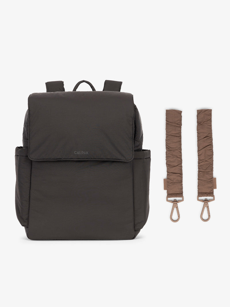 CALPAK Diaper Backpack in Black with brown Hazelnut Stroller Straps