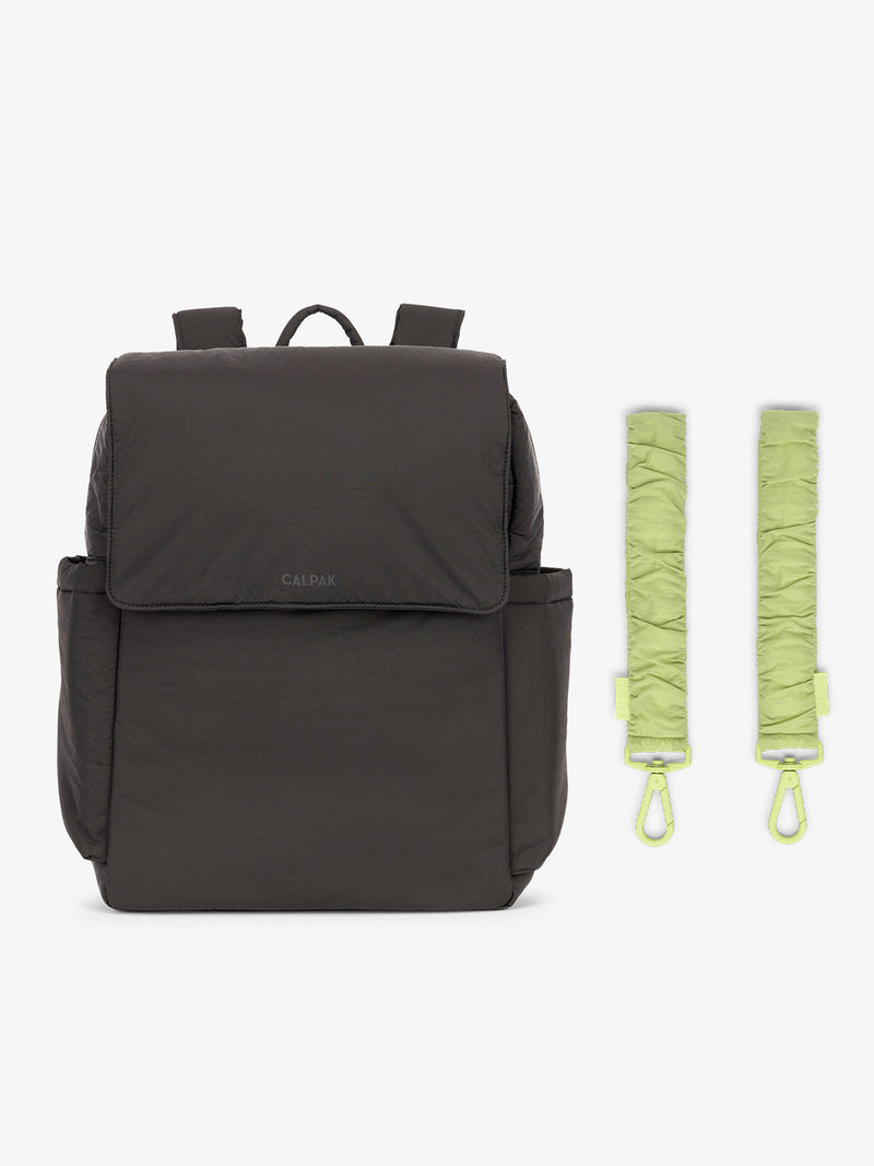 CALPAK Diaper Backpack in Black with light green Lime Stroller Straps