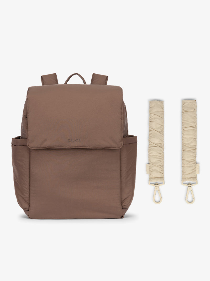 CALPAK Diaper Backpack in brown Hazelnut with white Oatmeal Stroller Straps