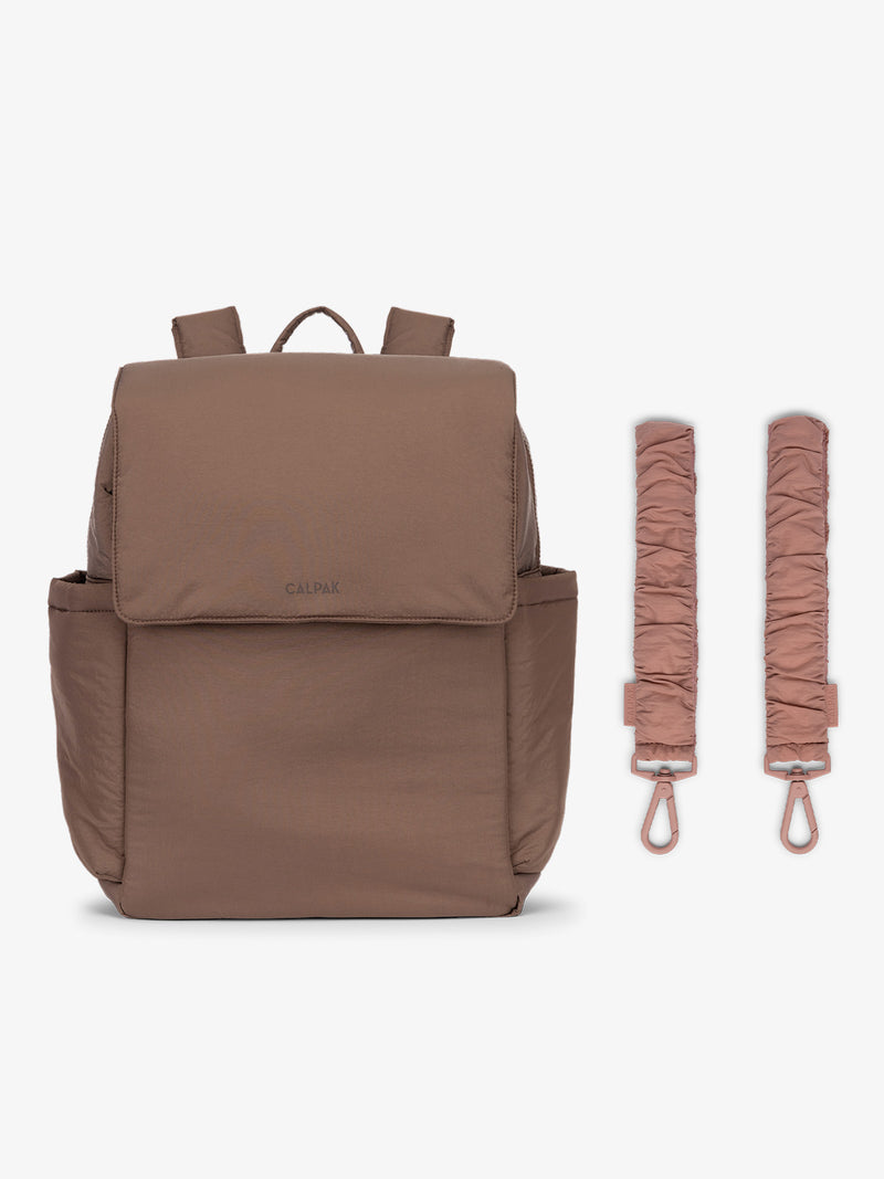 CALPAK Diaper Backpack in brown Hazelnut with pink Peony Stroller Straps