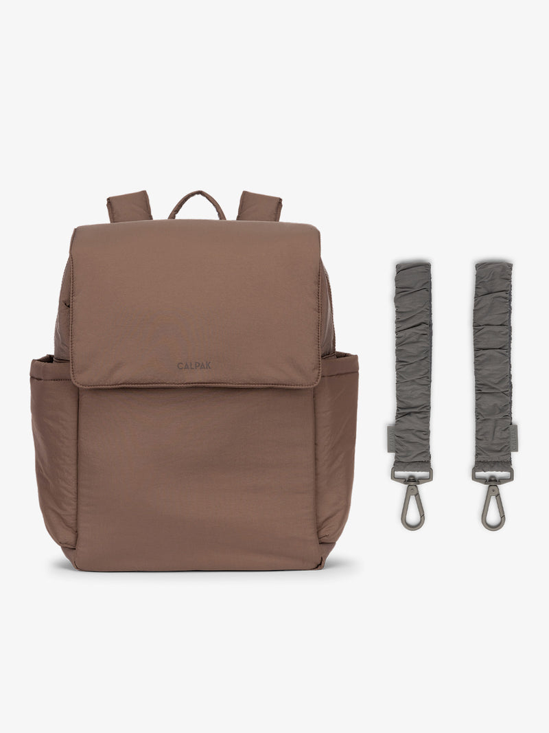 CALPAK Diaper Backpack in brown Hazelnut with grey Slate Stroller Straps