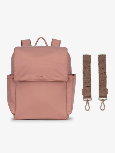 CALPAK Diaper Backpack in pink Peony with brown Hazelnut Stroller Straps; BBPB2401-PEONY-HAZELNUT view 1