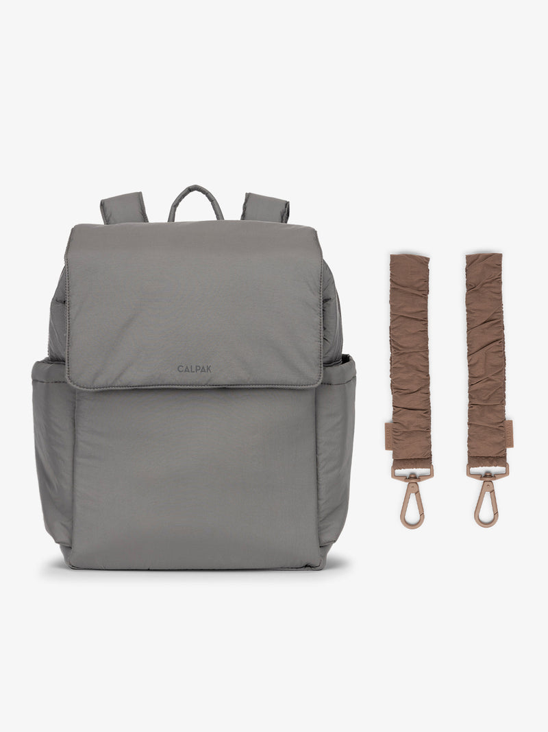 CALPAK Diaper Backpack in grey Slate with brown Hazelnut Stroller Straps