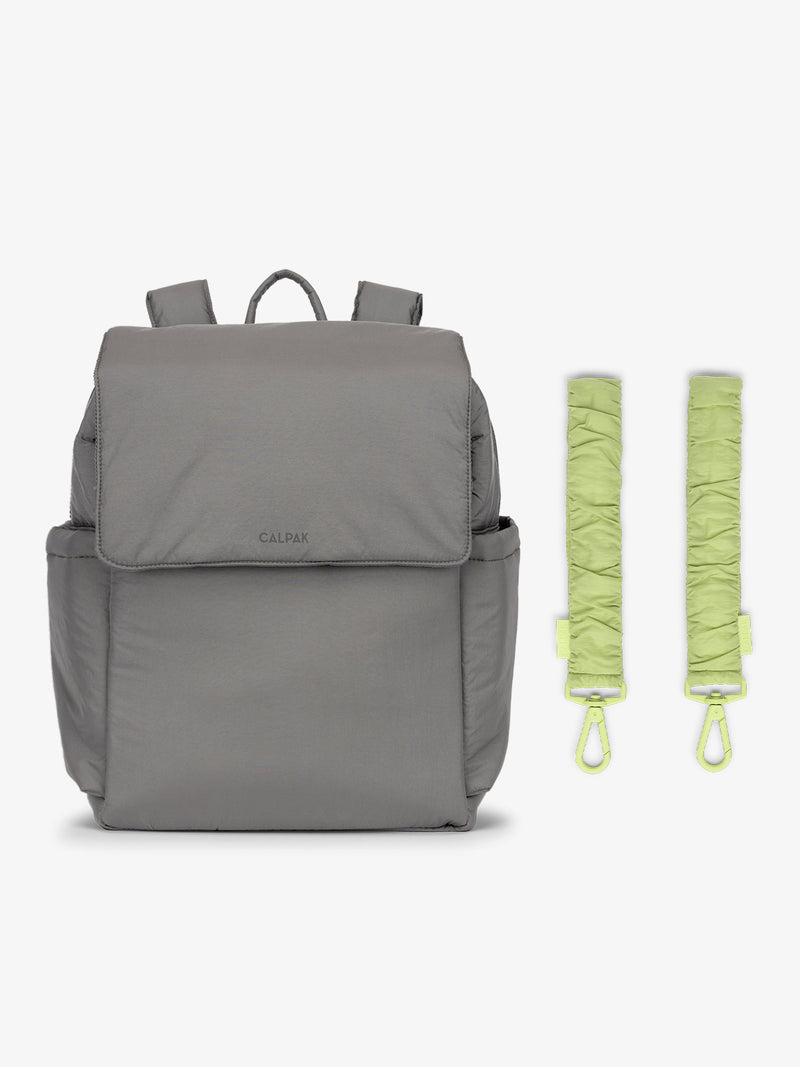 CALPAK Diaper Backpack in grey Slate with light green Lime Stroller Straps