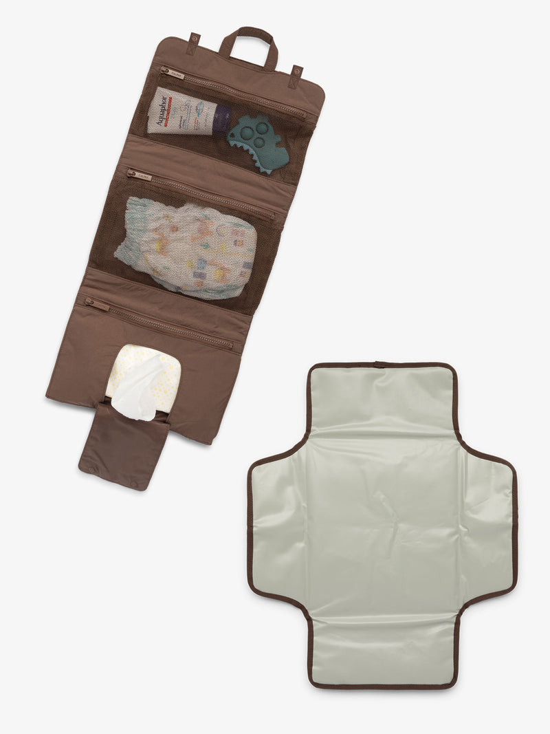 CALPAK diaper changing pad organizer with collapsible hanging hook, breathable mesh pockets and detachable changing pad in brown