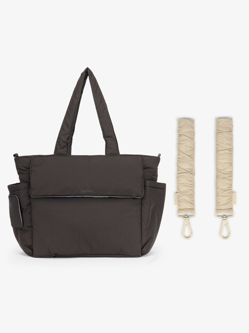 CALPAK Diaper Tote Bag in Black with white Oatmeal Stroller Straps