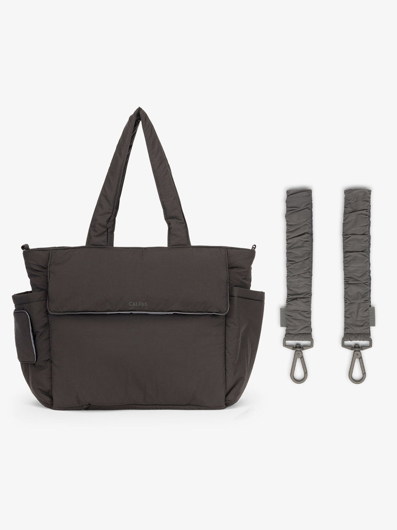 CALPAK Diaper Tote Bag in Black with grey Slate Stroller Straps