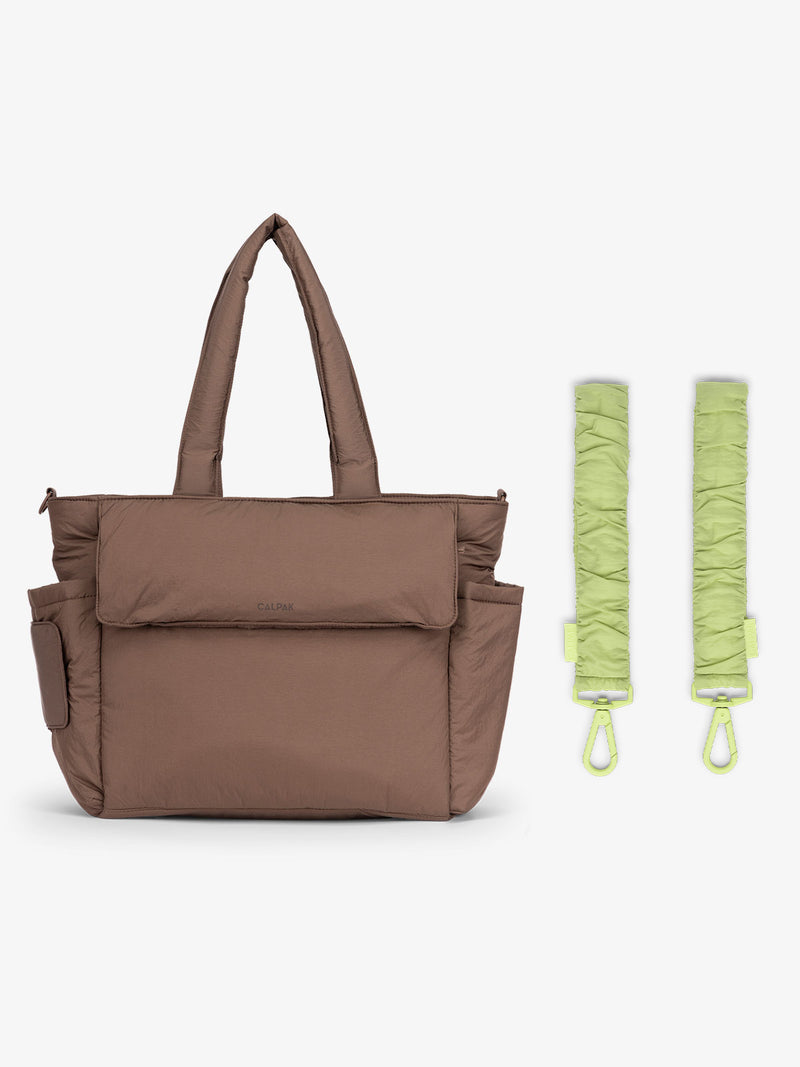 CALPAK Diaper Tote Bag in brown Hazelnut with light green Lime Stroller Straps