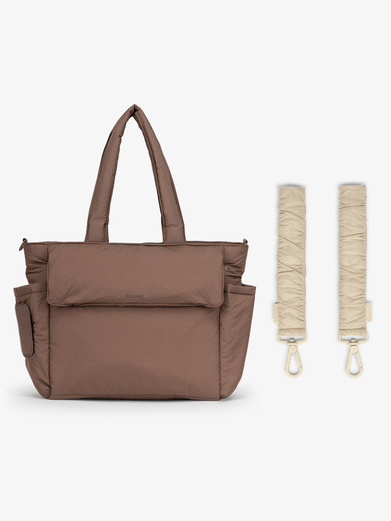 CALPAK Diaper Tote Bag in brown Hazelnut with white Oatmeal Stroller Straps