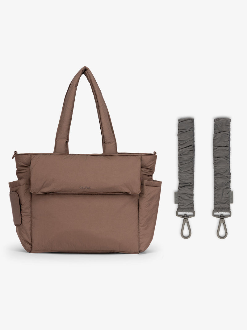 CALPAK Diaper Tote Bag in brown Hazelnut with grey Slate Stroller Straps