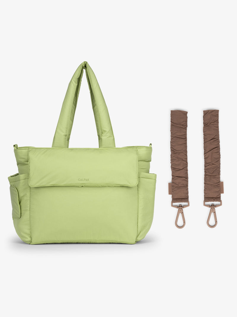 CALPAK Diaper Tote Bag in light green Lime with brown Hazelnut Stroller Straps