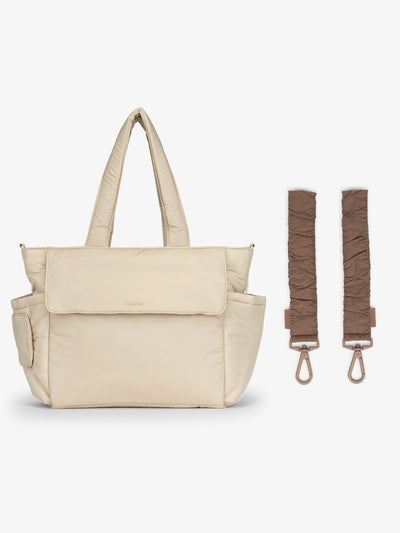 CALPAK Diaper Tote Bag in white Oatmeal with brown Hazelnut Stroller Straps; BTBB2401-OATMEAL-HAZELNUT view 1