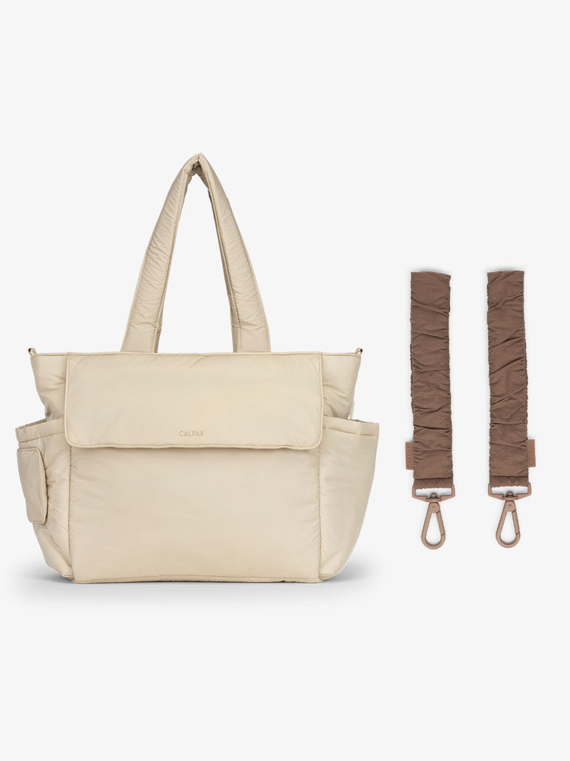 CALPAK Diaper Tote Bag in white Oatmeal with brown Hazelnut Stroller Straps