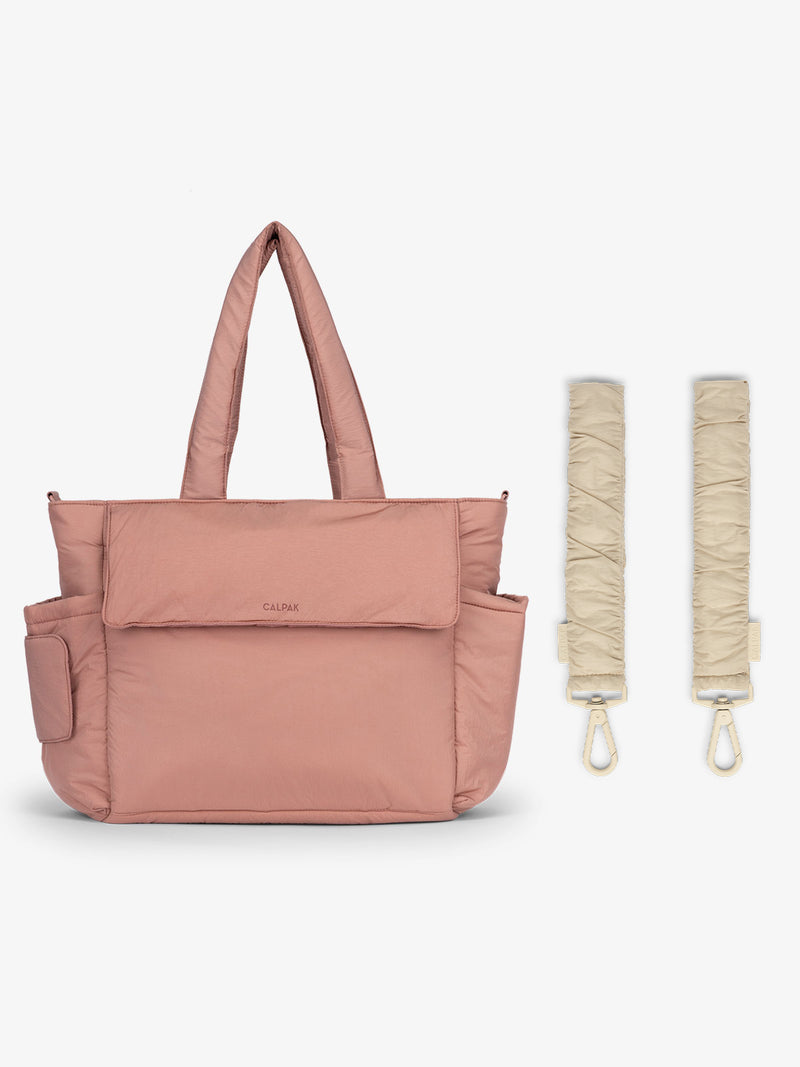 CALPAK Diaper Tote Bag in pink Peony with white Oatmeal Stroller Straps