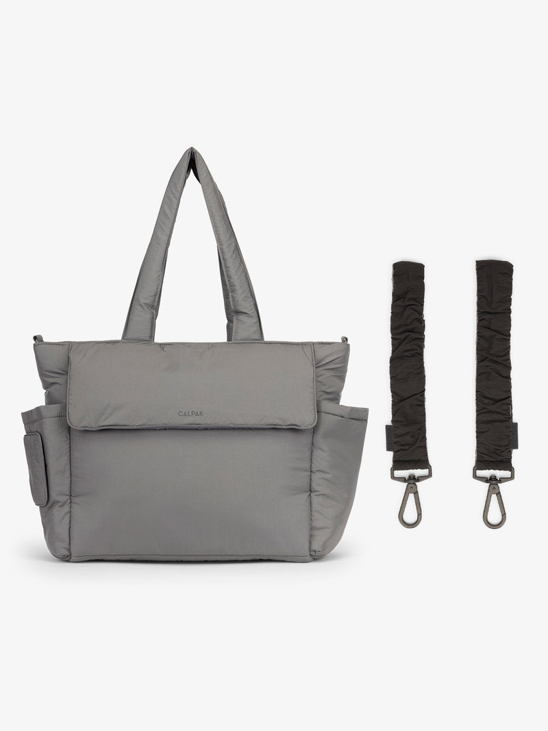 CALPAK Diaper Tote Bag in grey Slate with Black Stroller Straps