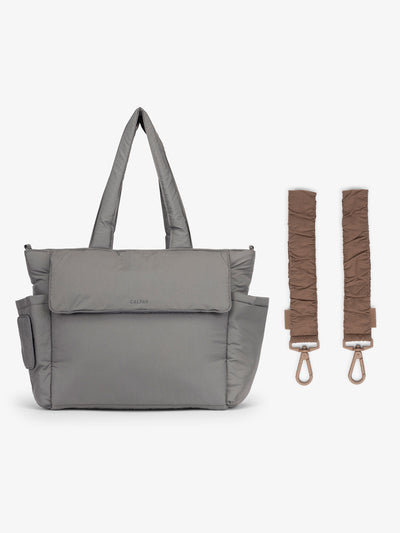 CALPAK Diaper Tote Bag in grey Slate with brown Hazelnut Stroller Straps; 
BTBB2401-SLATE-HAZELNUT view 1