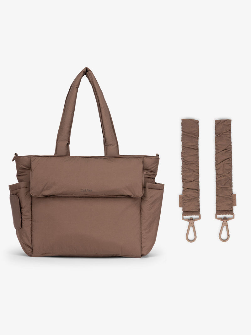 CALPAK Diaper Tote Bag with Stroller Straps included in hazelnut