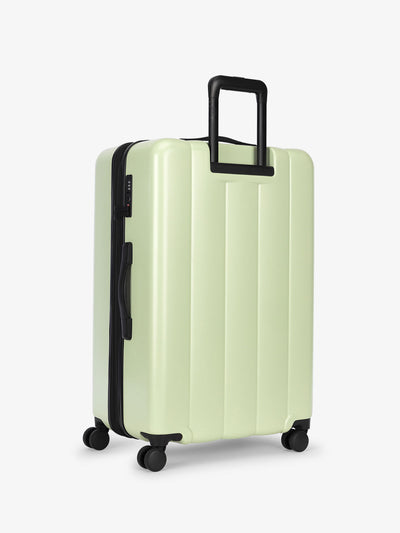 CALPAK large luggage featuring dual spinner wheels and bottom grab handle in light green daisy