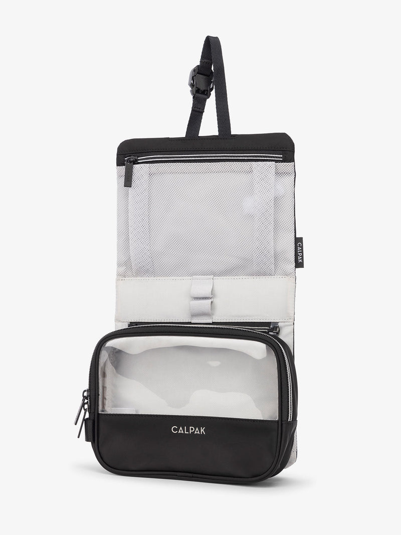 CALPAK Fit Hanging Dopp Kit with collapsible hanging hook and multiple interior mesh pockets in black