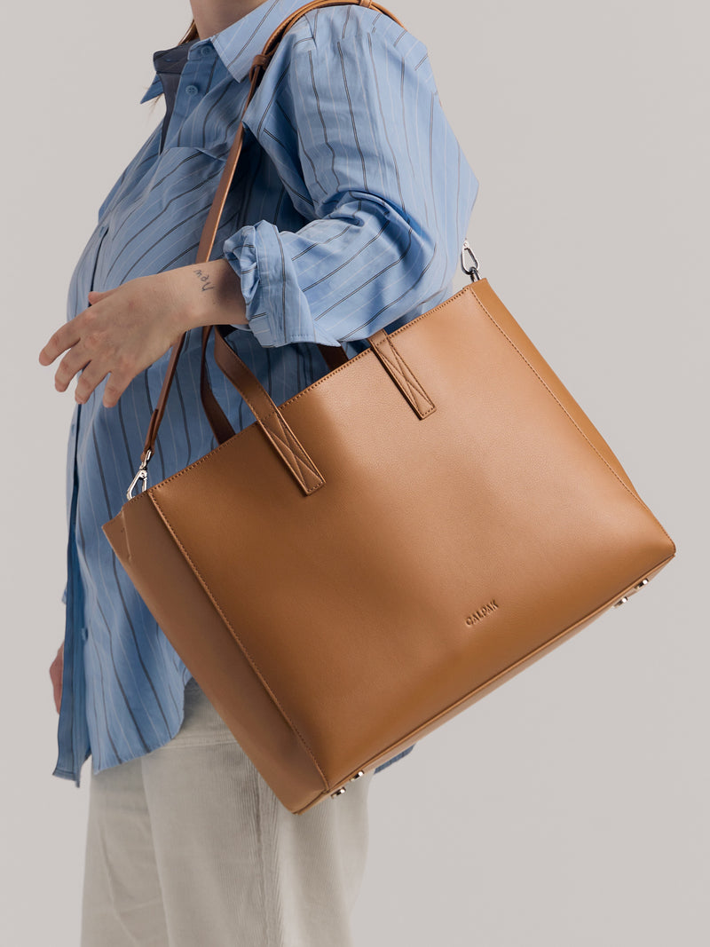 CALPAK Haven Laptop Tote Bag in brown Toffee with removable laptop sleeve