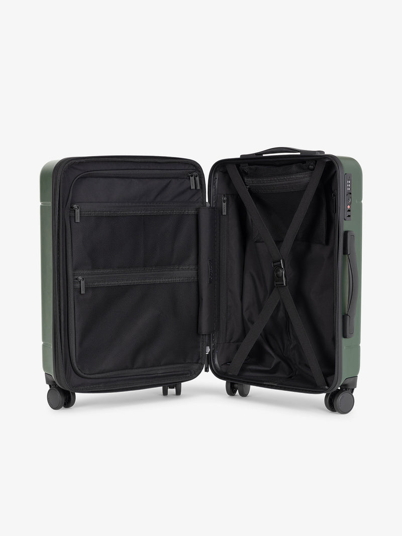 CALPAK Hue Carry-On Luggage open interior shown in hard shell in green emerald