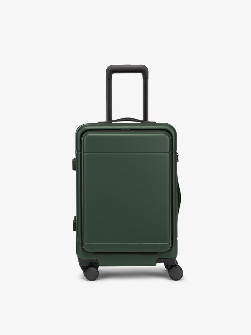 CALPAK Hue Front Pocket Carry-On Luggage front view with telescopic handle in green Emerald