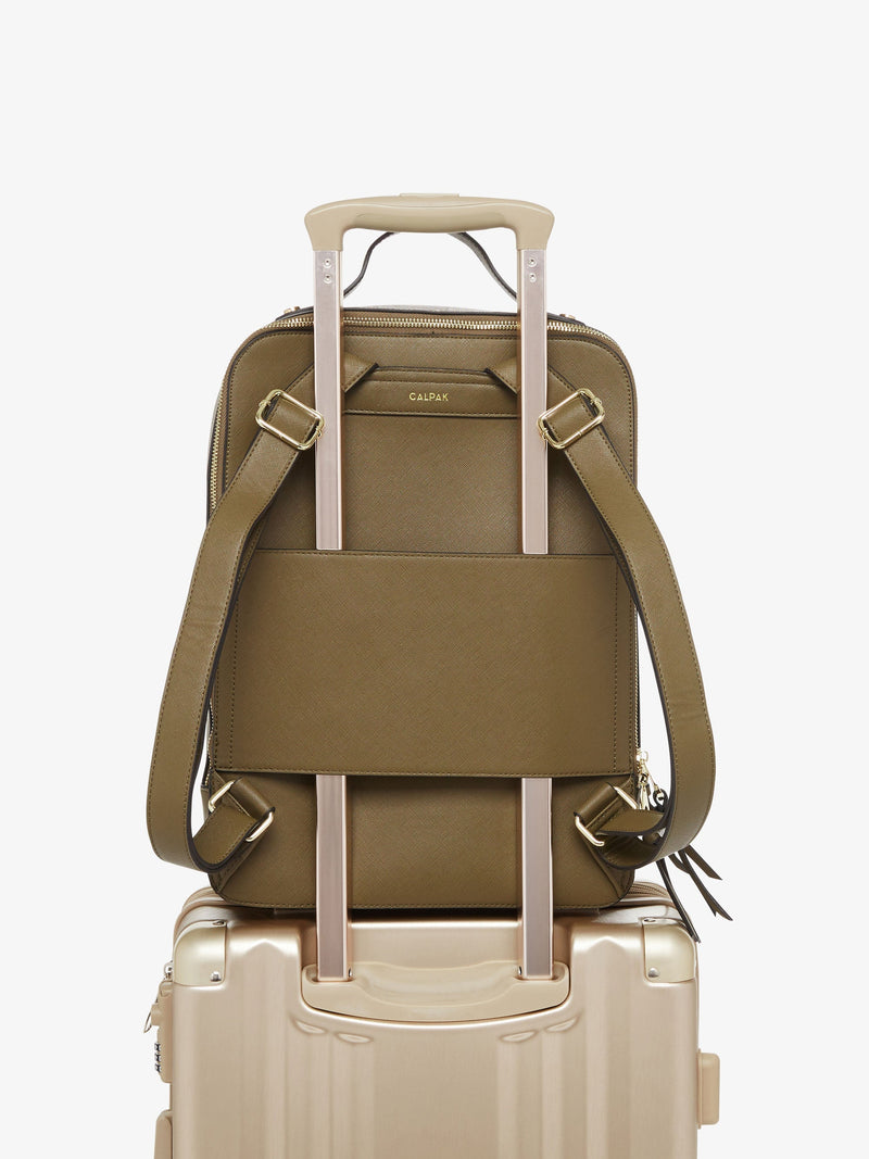 olive khaki green CALPAK Kaya laptop backpack with trolley sleeve