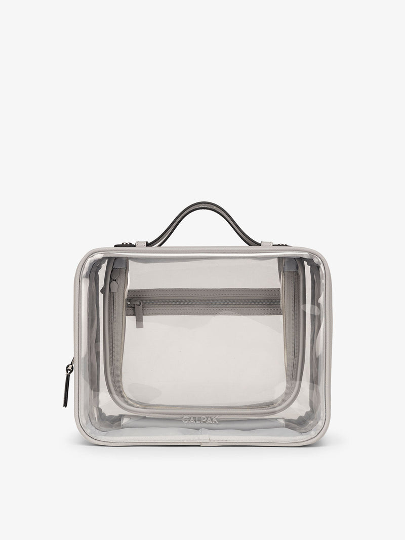 CALPAK Large clear makeup bag with zippered compartments in cool grey