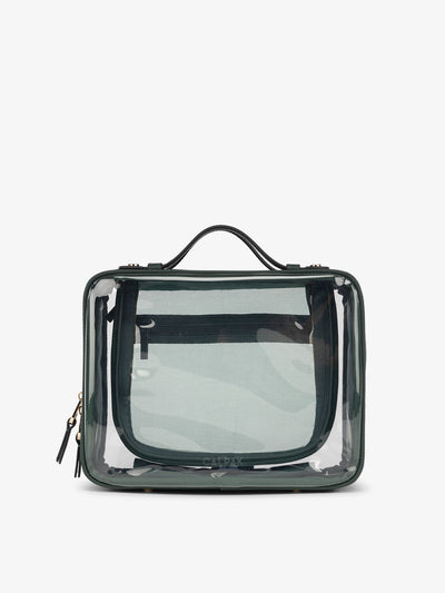 CALPAK Large clear makeup bag with dual handles and zippered compartments in green; CCC2001-EMERALD view 1