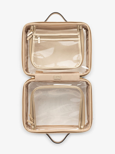 CALPAK large transparent water resistant travel makeup bag with compartments in shiny gold