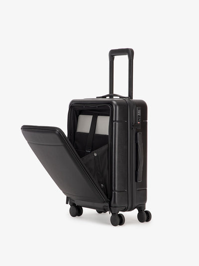 CALPAK Hue hardside carry-on suitcase with laptop pocket in black color; LHU1020-BLACK