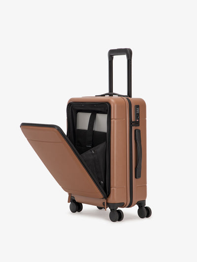 CALPAK Hue hard shell carry-on spinner luggage with laptop compartment in brown hazel color; LHU1020-HAZEL